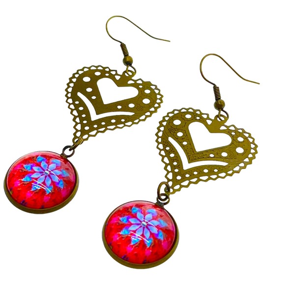 Cherry Red Fancy Heart Dangle Earrings - Picture 7 of 7